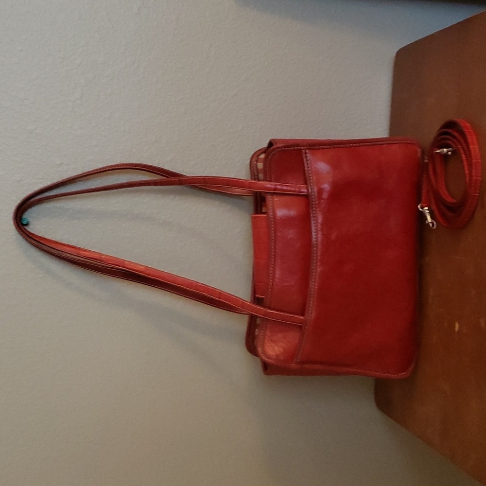 Brighton Vintage Red Croc leather handbag w/silver trim/heart. W/ extra strap - Picture 4 of 7